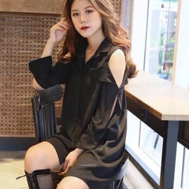 HANG THIET KE CAO CAP - Đầm Đen Hở Vai Dáng Suông- Hàng thiết kế- kèm ảnh thật 100%