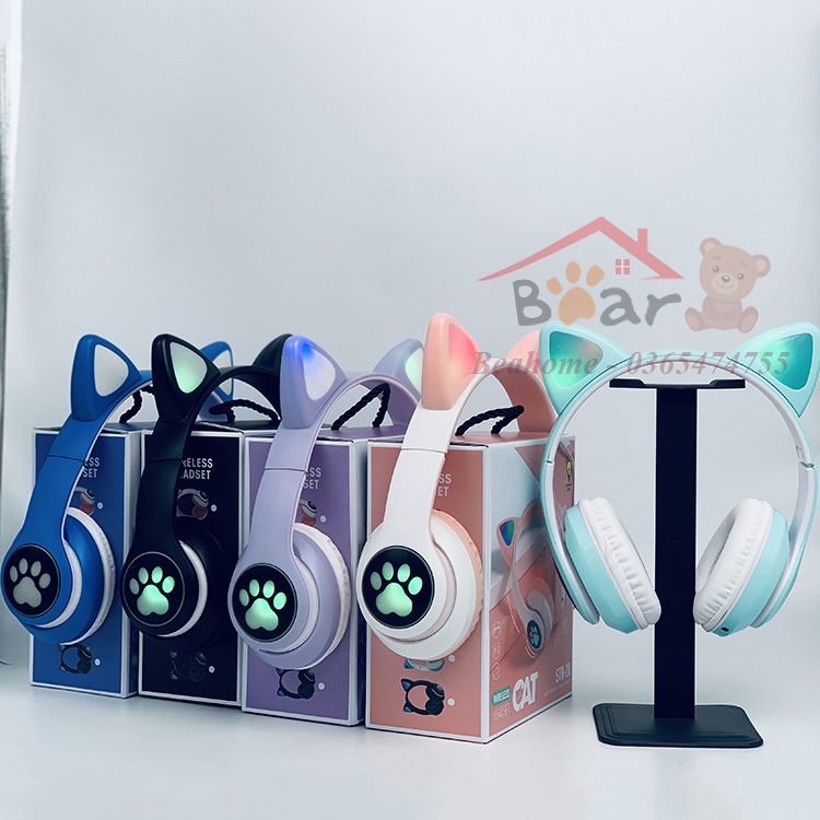 Tai Nghe Bluetooth Chụp Tai Có Sẵn Micro Và Tai Mèo Phát Sáng, Tai Nghe Mèo Không Dây Chơi Game, Headphone Gaming
