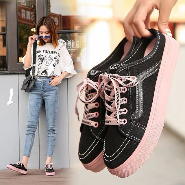 Hàng sẵngiày sục thể thao đế độn cá tính, giày sục sneaker dây hồng siêu êm xu hướng mới cho hè 2019