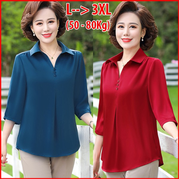 Sang Chảnh - Áo Trung Niên Nữ Cao Cấp Size Lớn tới 80 kg, Cổ Tròn Tay Ngắn Cho Mẹ U50, U60 3A01 3A17