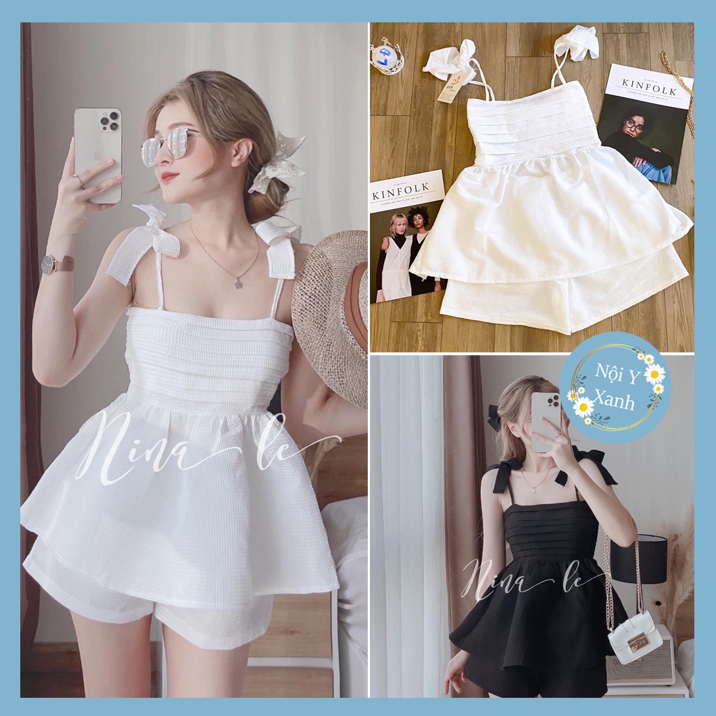 Set áo tiểu thư 2 dây nơ cổ dáng xòe tôn dáng xinh xịn mịn -  kèm quần short sang chảnh