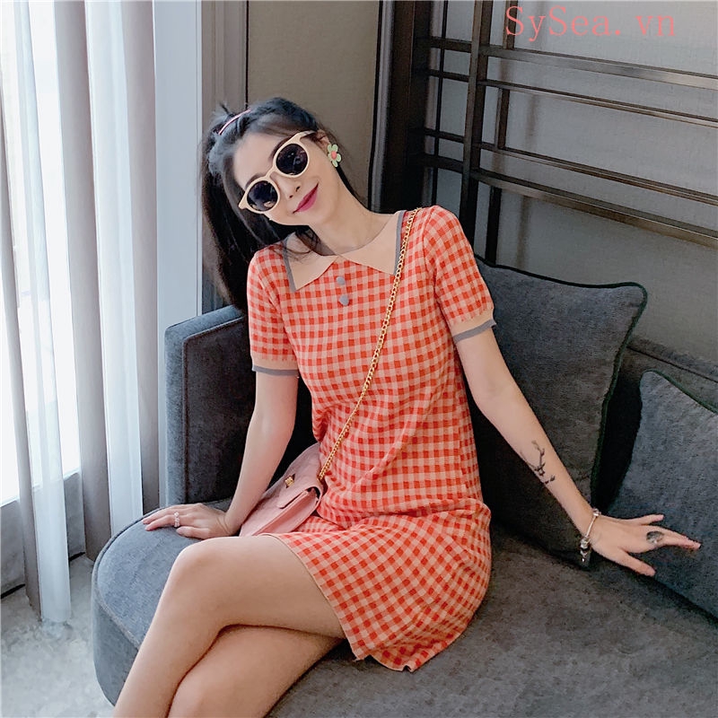 Đầm Dệt Kim Nữ Tay Ngắn Màu Cam Phong Cách Hàn Quốc