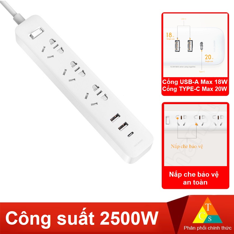 Ổ cắm điện tích hợp sạc nhanh 20W 2A1C Xiaomi Power Strip XMCXB05QM