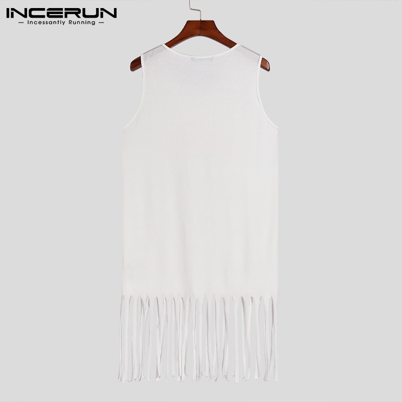 INCERUN Áo Thun Ba Lỗ Sát Nách Cổ Tròn Phối Tua Rua Thời Trang Mùa Hè Cho Nam