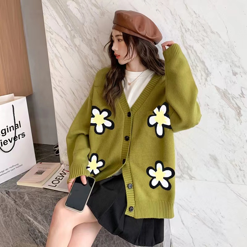 【ZHELIHANGFEI】Áo Cardigan Dệt Kim Tay Dài Cổ Chữ V Dáng Rộng Phong Cách Preppy Nhật Bản