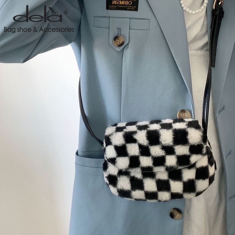 Dela Túi Đeo Chéo Một Bên Vai Bằng Len Nhỏ Nhắn Họa Tiết Kẻ Sọc Đen Trắng Thời Trang Thu Đông Đơn Giản Dành Cho Bạn Nữ