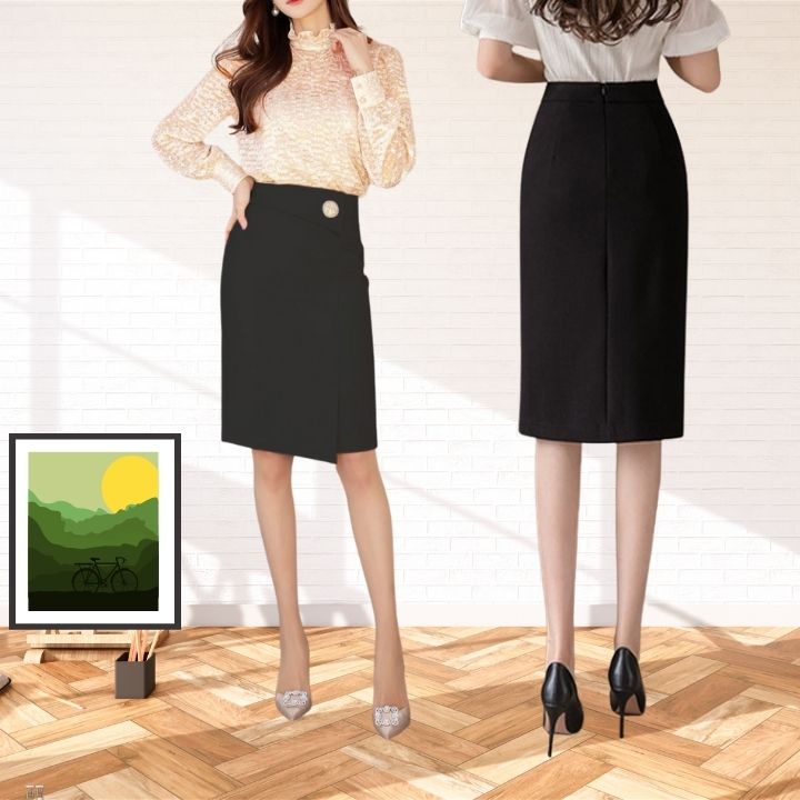 Chân Váy Bút Chì Công Sở Tà Đắp Quyến Rũ, Lưng Cao Dáng Dài Phối Nút Sang Chảnh VannhShop CV0071