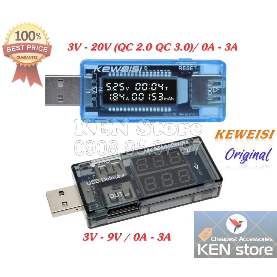 Đo dòng điện tester USB QC 2.0 QC 3.0 chính hãng Keweisi (test nguồn usb)