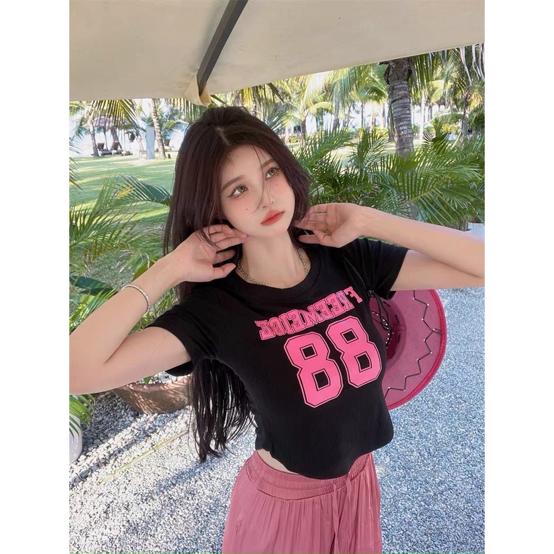 áo croptop tay ngắn chất thun gân in số 88 cute na