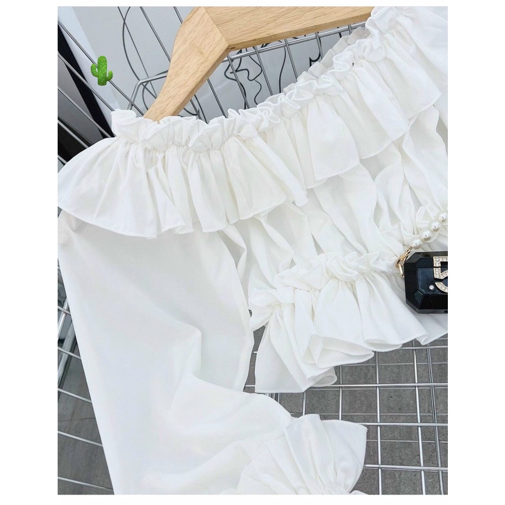 Áo bẹt vai nhún bèo 2 tầng tay phồng dài màu trắng tinh khôi thời trang peplum cổ điển đáng yêu gợi cảm PC