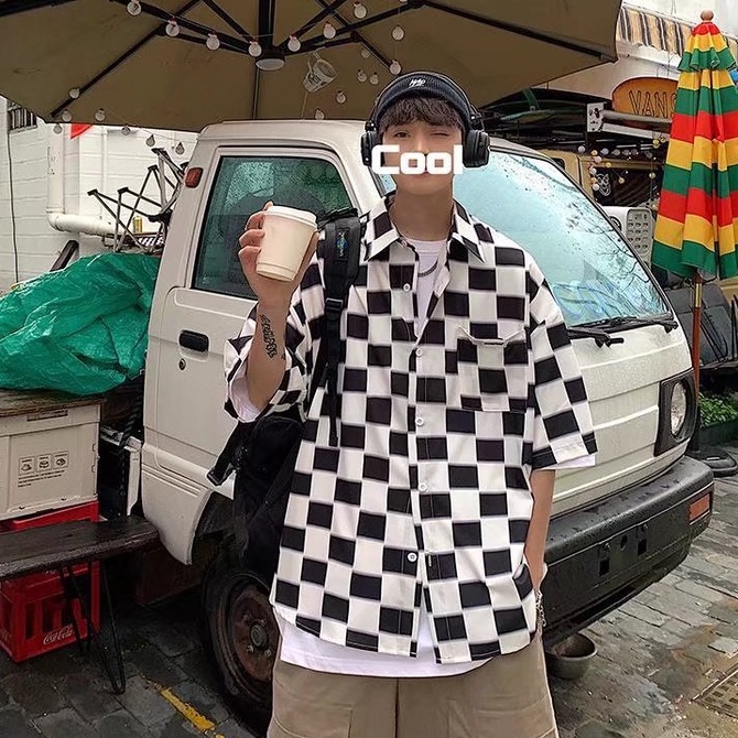 Áo Sơ Mi Caro Tay Ngắn Màu Trắng Đen Phong Cách Hàn Quốc Thời Trang Cho Nam