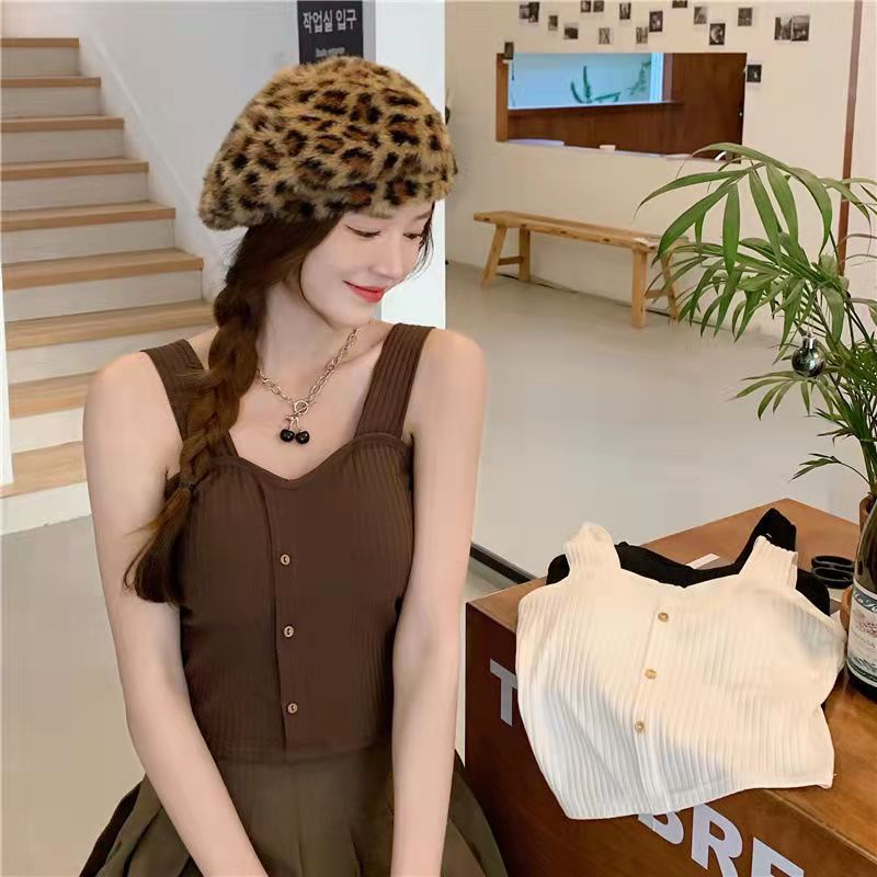 Áo Ống Ngắn Có Đệm Ngực Phối Nút Phong Cách Nhật Bản Cho Nữ