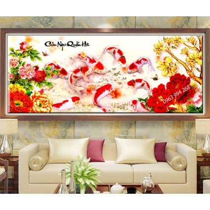 Tranh thêu chữ thập Cửu ngư quần hội kích thước 127*55cm