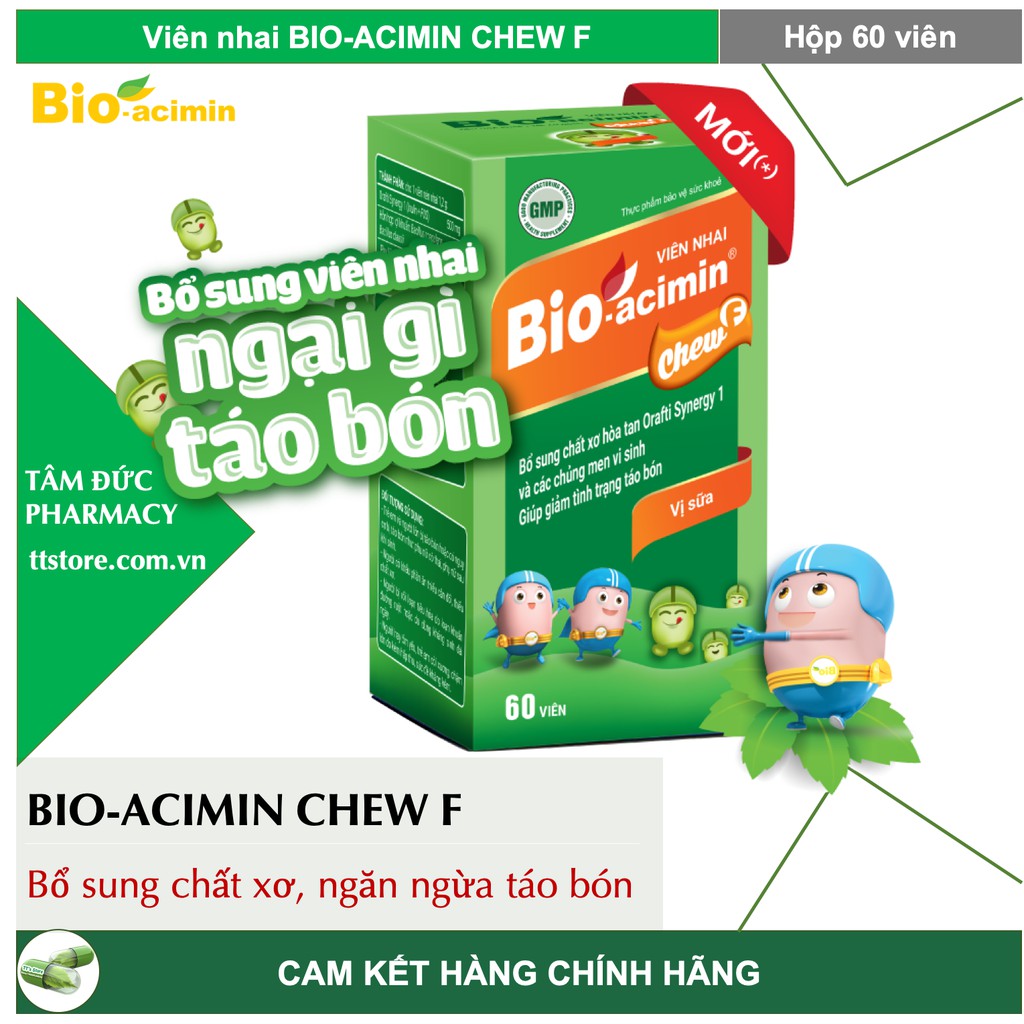 Viên nhai BIO-ACIMIN CHEW F vị sữa [Hộp 60 viên] - Bổ sung chất xơ, hết táo bón - Bioacimin / Fiber