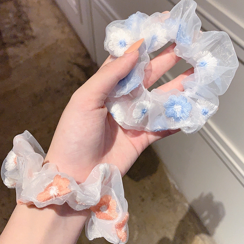 Dây buộc tóc co giãn thêu họa tiết hoa xinh xắn cho nữ