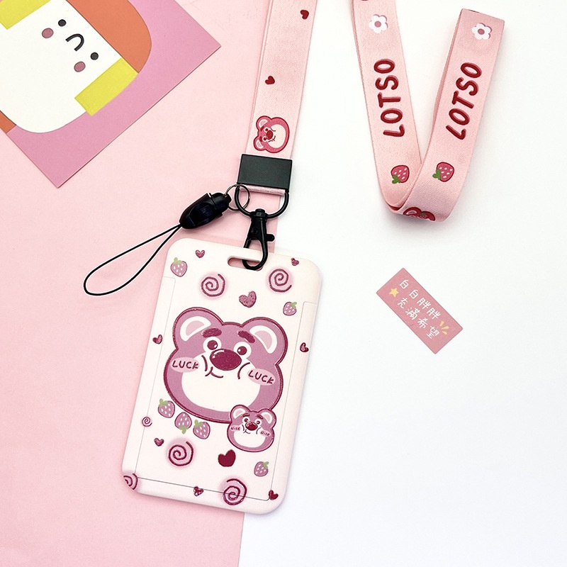 Vỏ Nhựa Đựng Thẻ Truy Cập Hình Gấu Dâu Tây Có Dây Dài Bảo Vệ