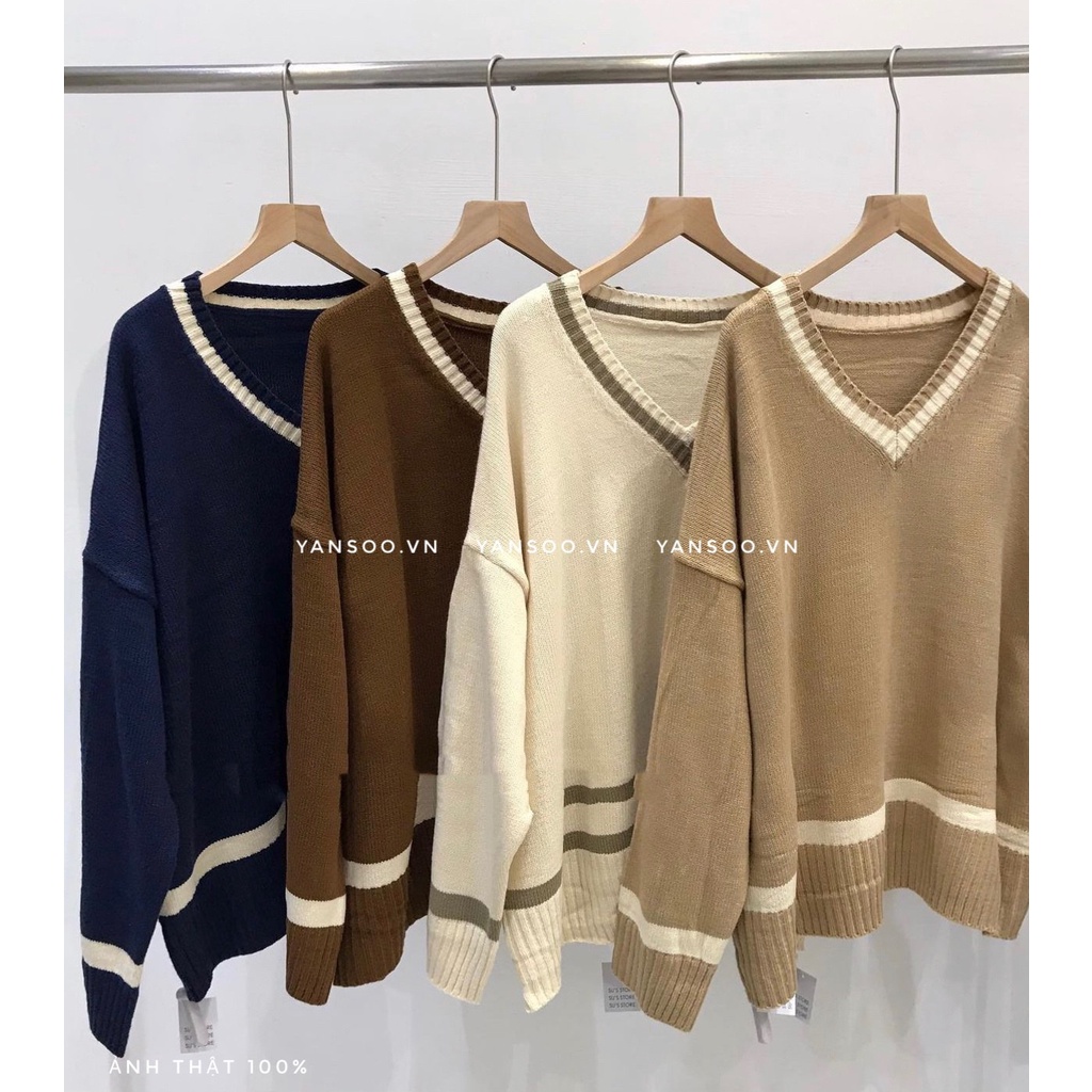 Áo len nữ cổ v from rộng Áo len cổ tim viền tay dài basic Hàn Quốc YANSOO