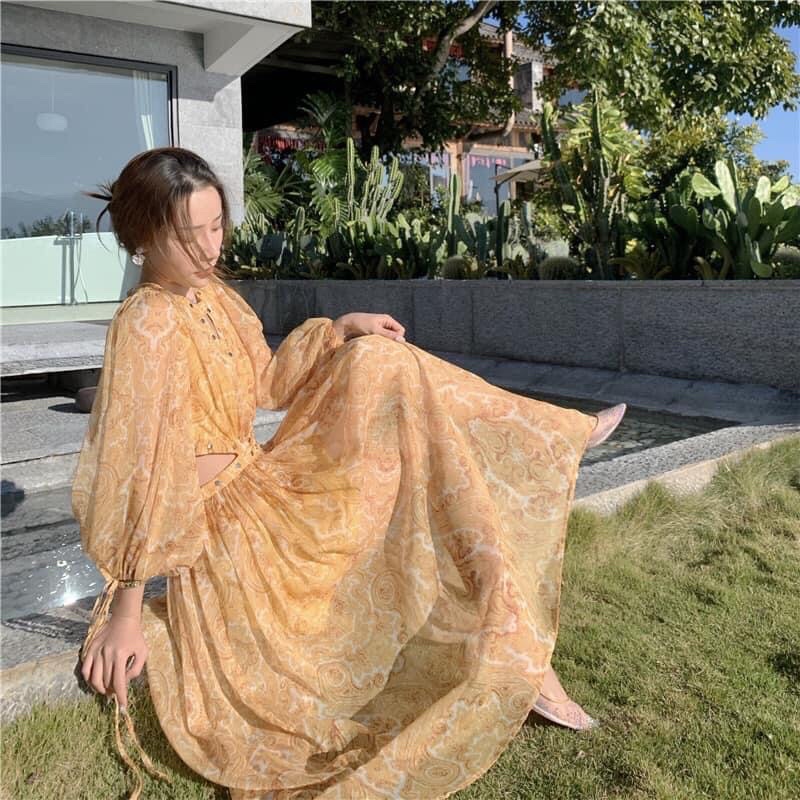 ĐẦM VÀNG CUT EO HOẠ TIẾT BOHO