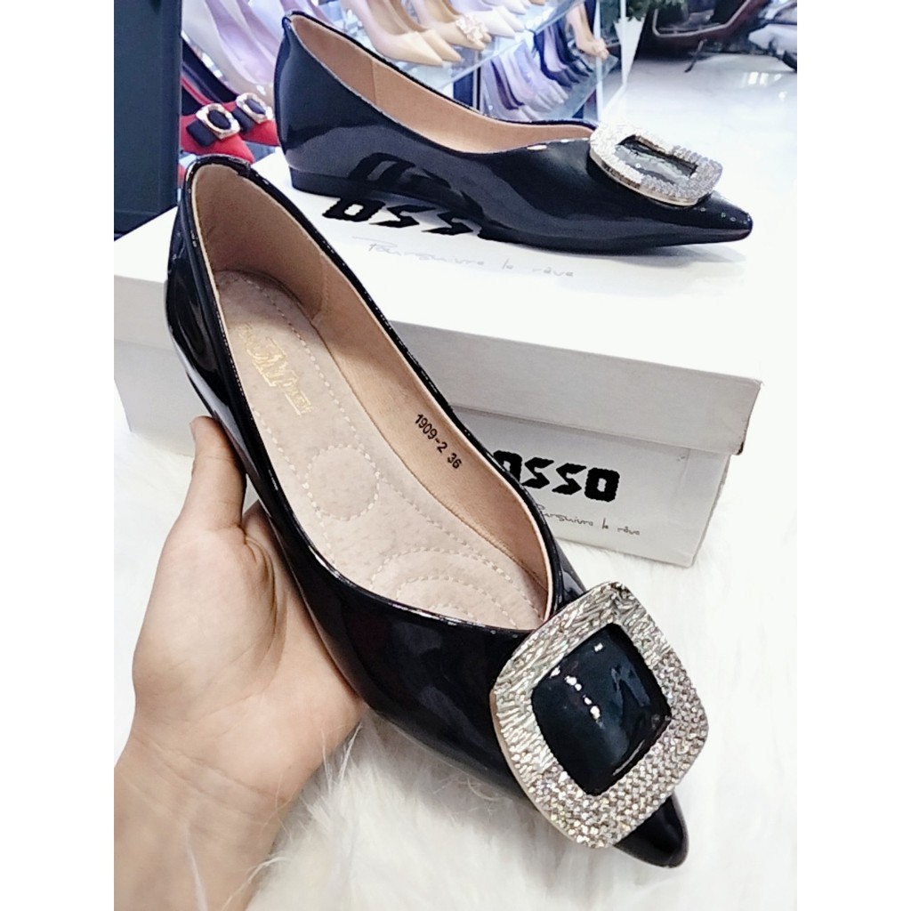 Giày bệt Quảng Châu đen da bóng đính họa tiết đá mã C68