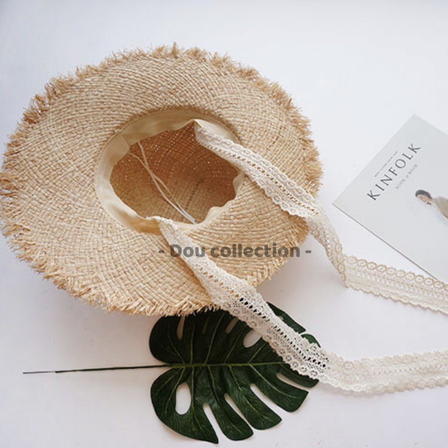 [NowShip2h] Nón Cói (Mũ Cói) Raffia Sợi Tự Nhiên Vành Rộng ViềnTua Rua Phối Dây Ren Đi Biển - Mã NC009