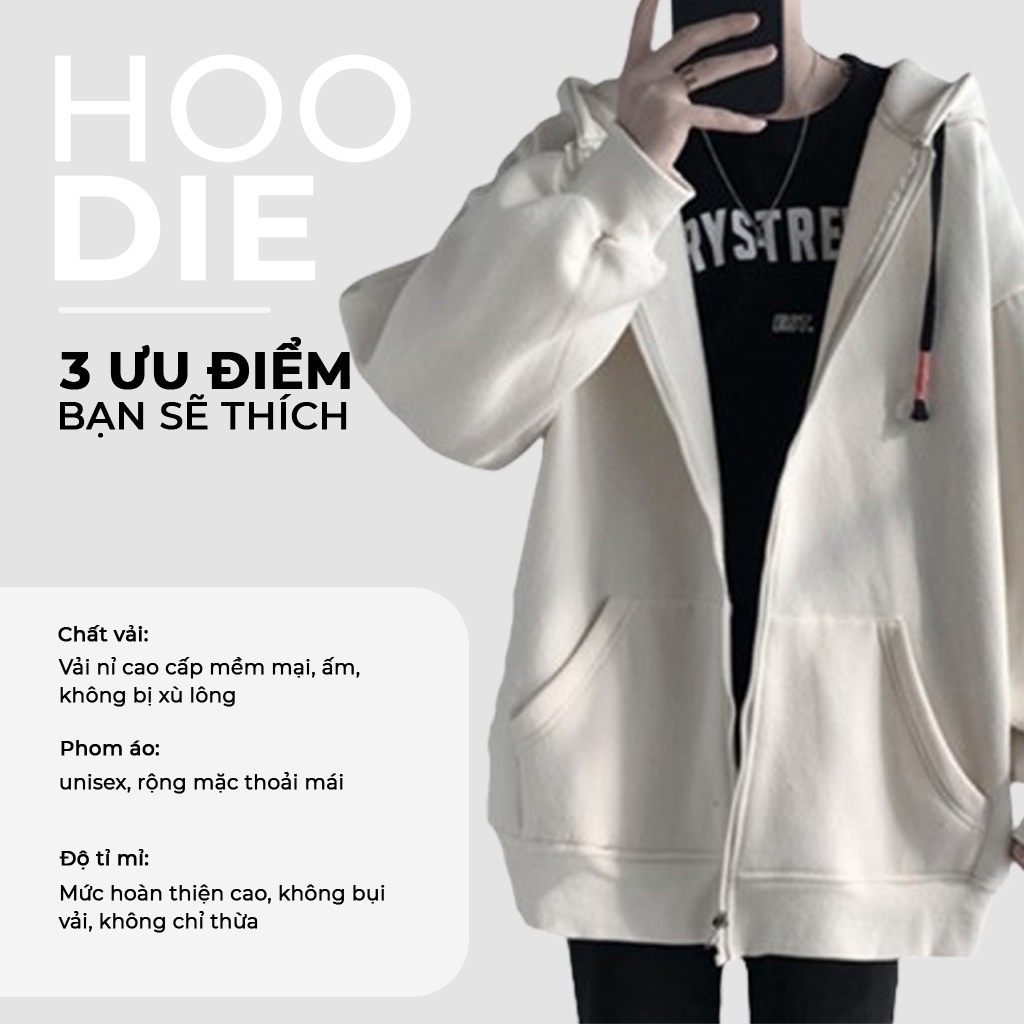 Áo Khoác Kéo Khóa Nam, Nữ Hoodie Basic Unisex Nỉ From Rộng Màu Trắng HDKK950