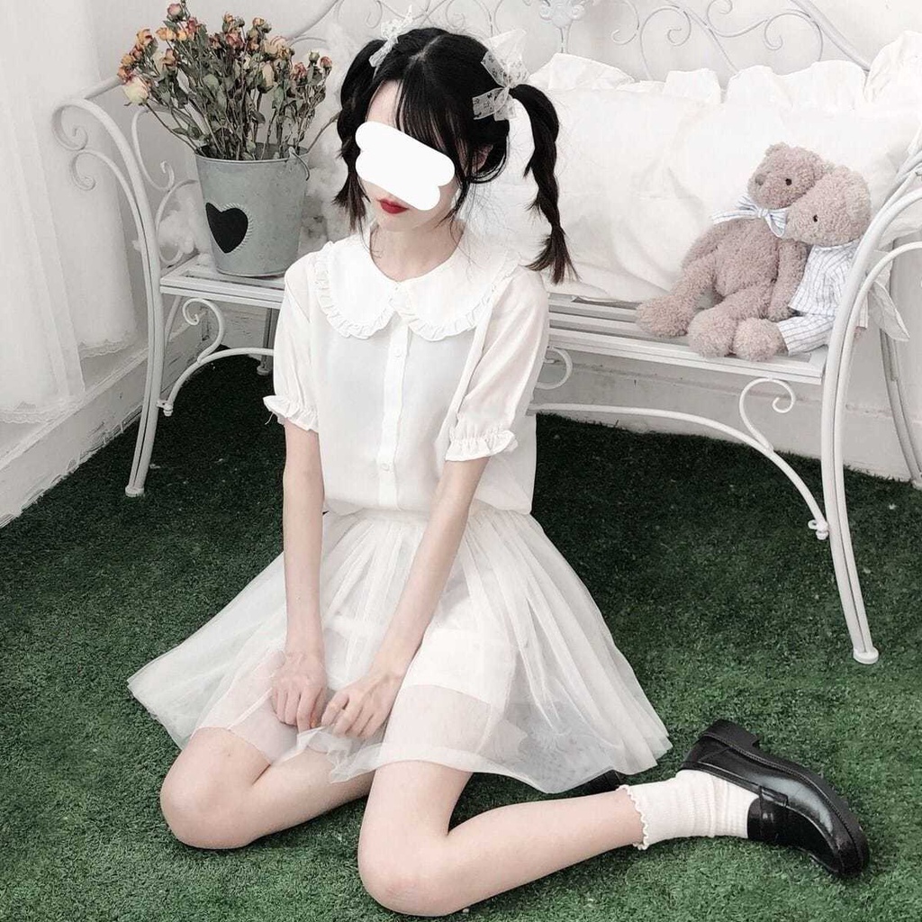 Áo sơ mi trắng tay ngắn cổ búp bê phong cách Lolita Nhật Bản dễ thương dành cho nữ