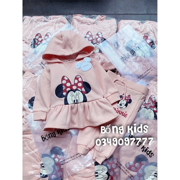Bộ Nỉ Hoodie Bé Gái Minnie Peplum Hồng PR