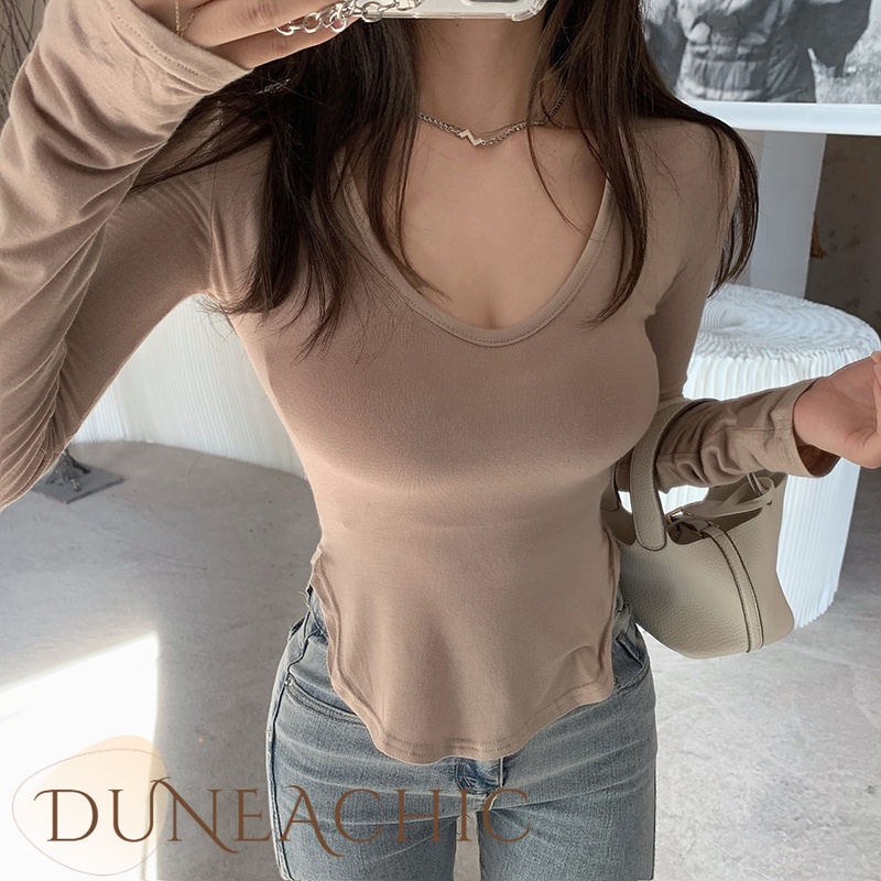 DUNEA Áo Thun Tay Dài Màu Xanh Lá Thiết Kế Bất Đối Xứng Thời Trang Cho Nữ