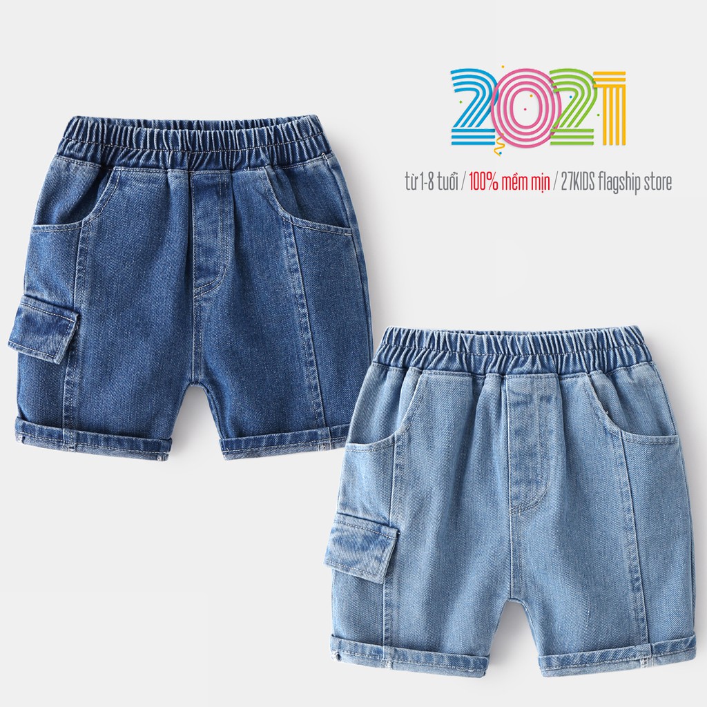 Quần Jean cho bé WELLKIDS quần short Jean họa tiết túi hộp chất bò mềm hàng xuất Âu Mỹ