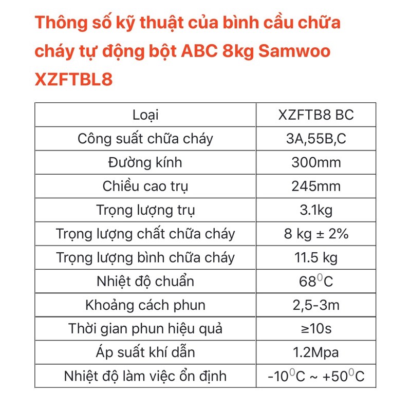 Bình cầu chữa cháy tự động bột ABC 8kg Samwoo XZFTBL8