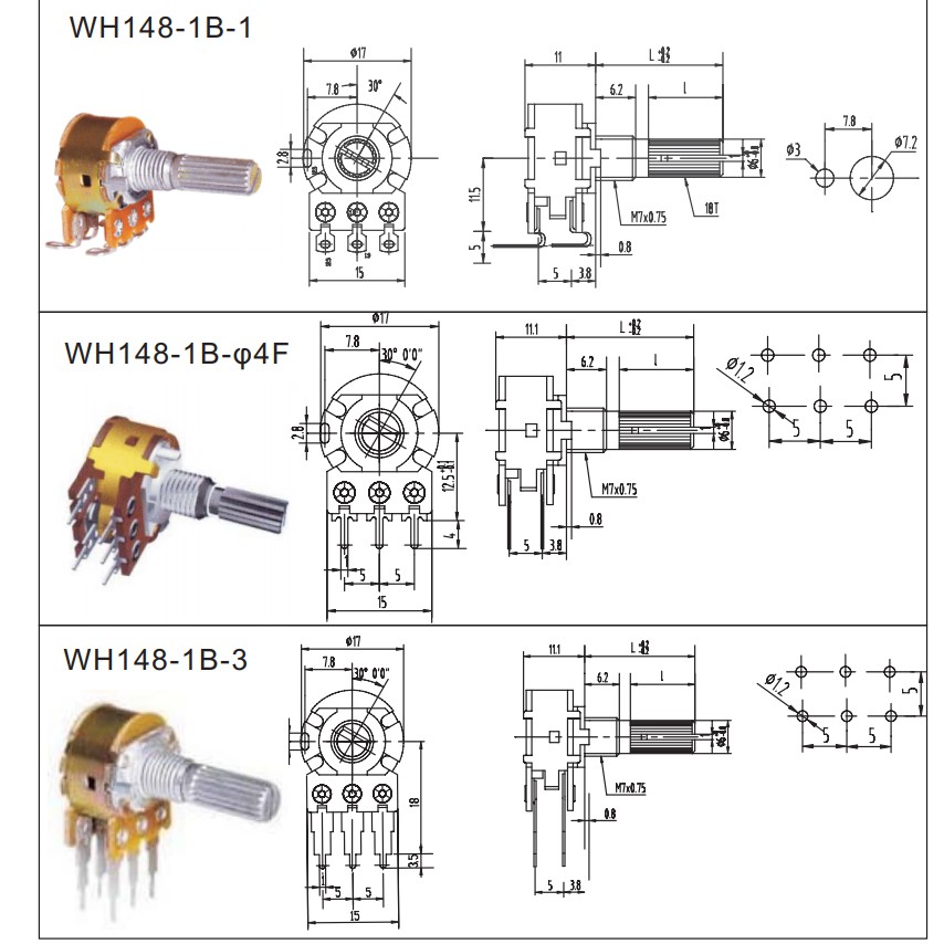 Biến trở - Triết áp volume đôi WH148 6 chân dài 20mm