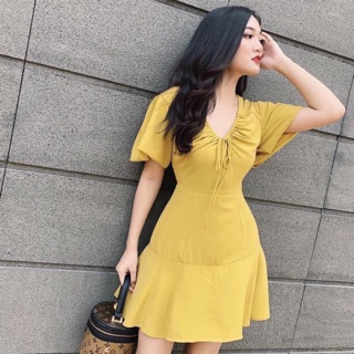 Đầm vàng đuôi cá cổ rút, váy dạo phố (kèm hình thật)