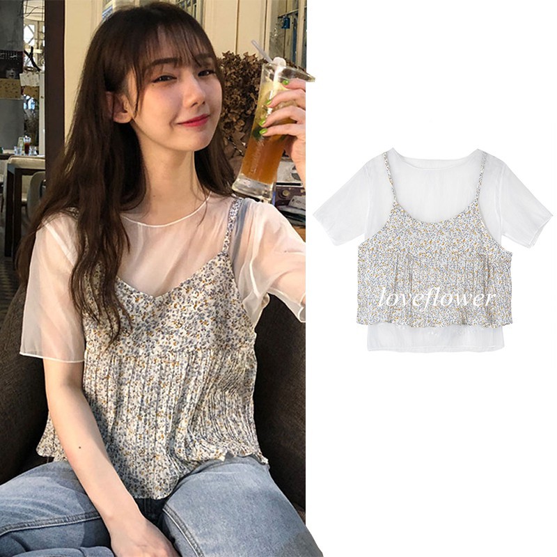 Áo chiffon in họa tiết hoa hai lớp phong cách Hàn Quốc xinh xắn | BigBuy360 - bigbuy360.vn