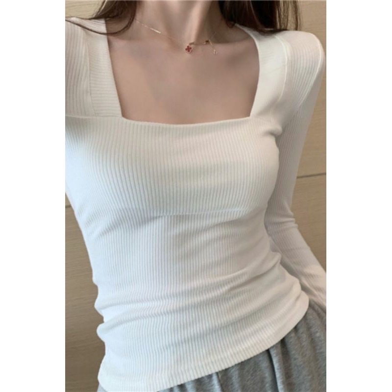 Áo len tăm cổ vuông croptop dài tay
