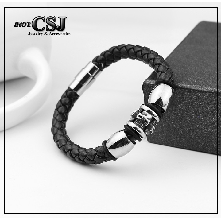 vòng tay da xịn khóa inox vip kiểu đầu lâu siêu ngầu - 03 mẫu