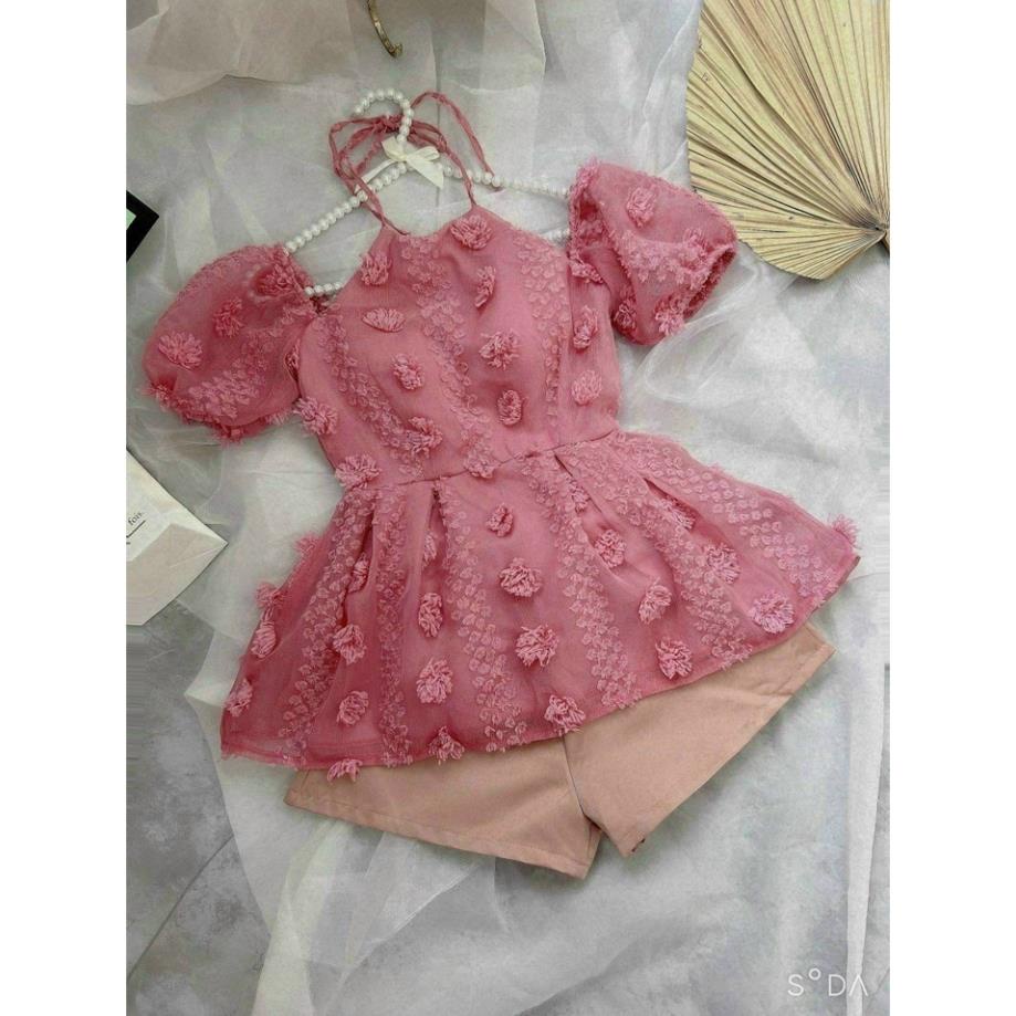 Set Bộ Đồ Nữ Cổ Yếm, Sét Bộ Đi Chơi Họa Tiết Bông Phối Quần Ống Rộng 3 Màu ( HỒNG, BE, TRẮNG) Sang Chảnh, Duyên Dáng