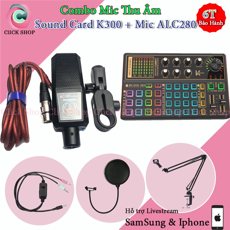 Sound card k300 mic thu âm AQTA ALC280 chân đế màng lọc và dây livestream ma2 chọn bộ mic thu âm , karaoke , livestream