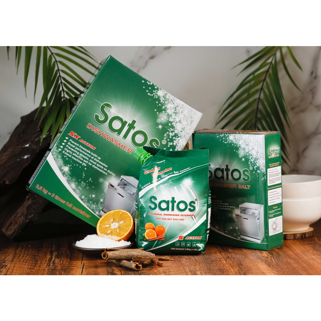 Muối rửa bát Satos 1.5kg dành cho máy rửa bát, với độ tinh khiết 99.4%, đạt tiêu chuẩn hạng A của Thổ Nhĩ Kỳ