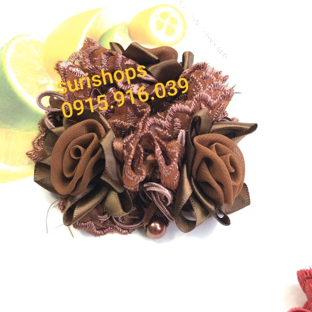Cột tóc hoa hồng phối vải ren, Buộc Tóc Hoa Hồng Rose