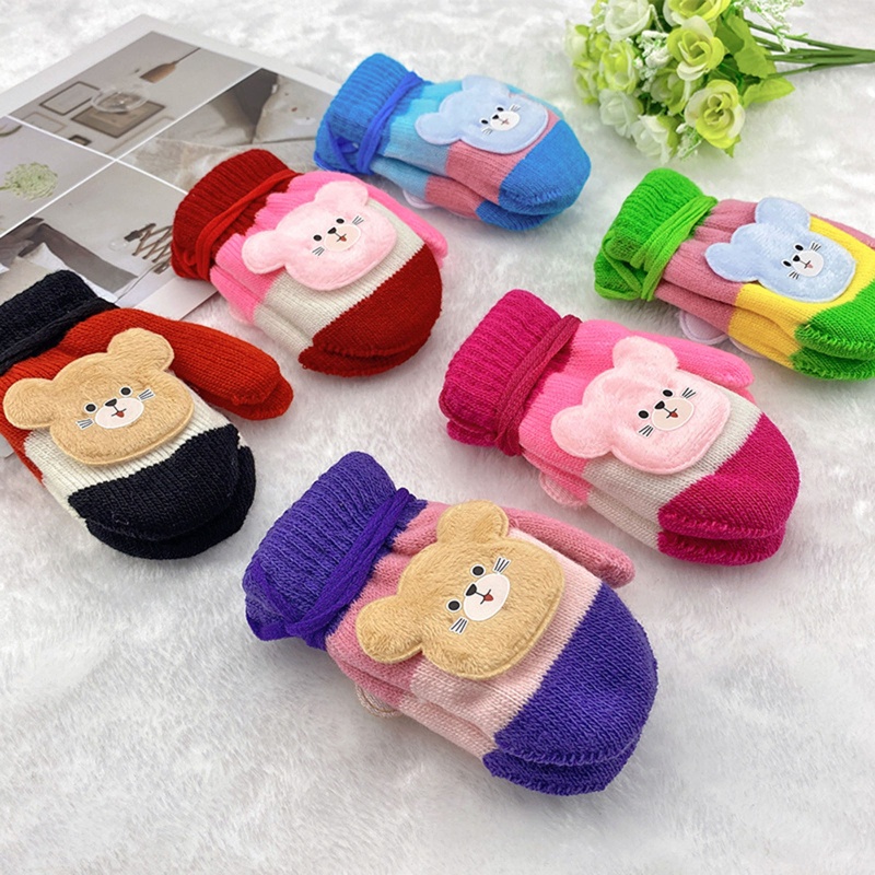 Găng tay dệt kim dày giữ ấm mùa đông in hình mèo hoạt hình dễ thương cho bé sơ sinh 0-4 tuổi