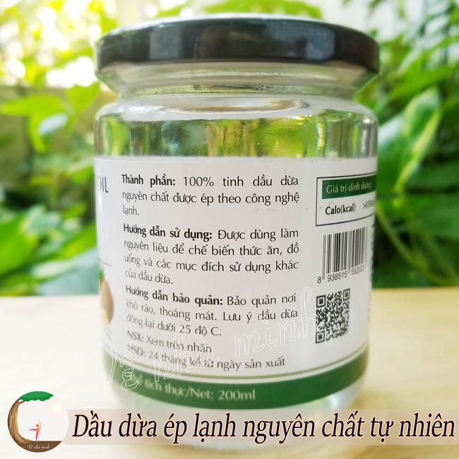 DẦU DỪA ÉP LẠNH NGUYÊN CHẤT HỮU CƠ TỰ NHIÊN 100% 200ML dùng để uống, nấu ăn, dưỡng ẩm cho da, dưỡng tóc, dưỡng mi...