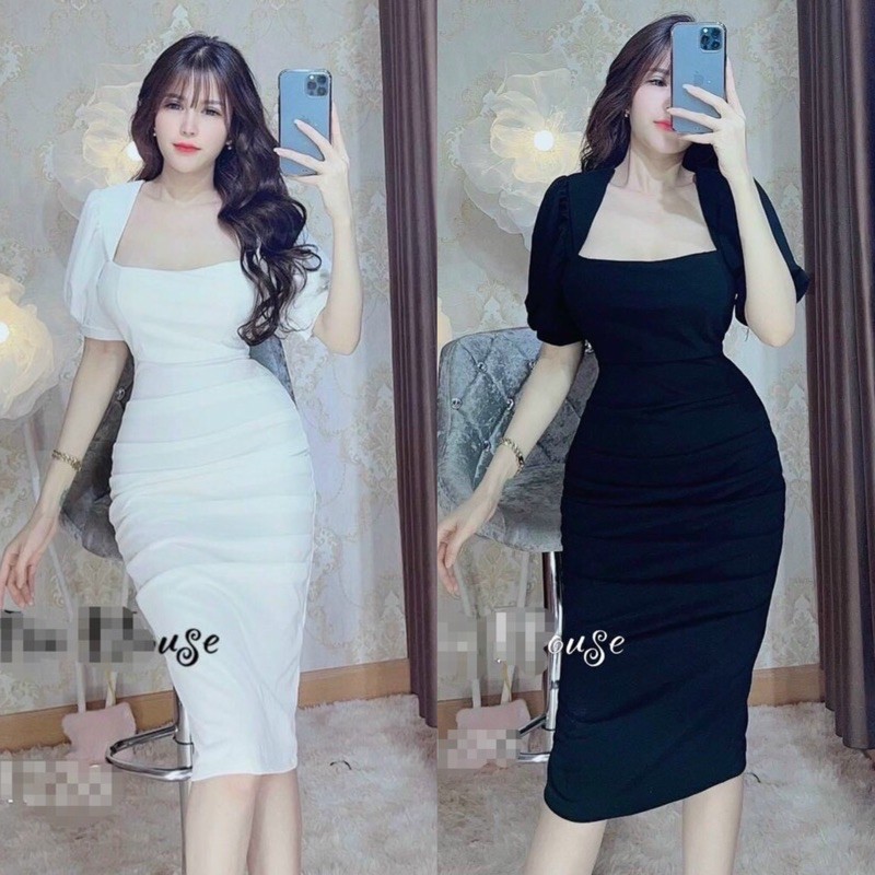[Siêu Hot] Váy Body Tay Phồng Cổ Vuông 2 Màu , Đầm Ôm Nhúm Tay Cộc Sang Chảnh Có Ảnh Thật Kèm Video