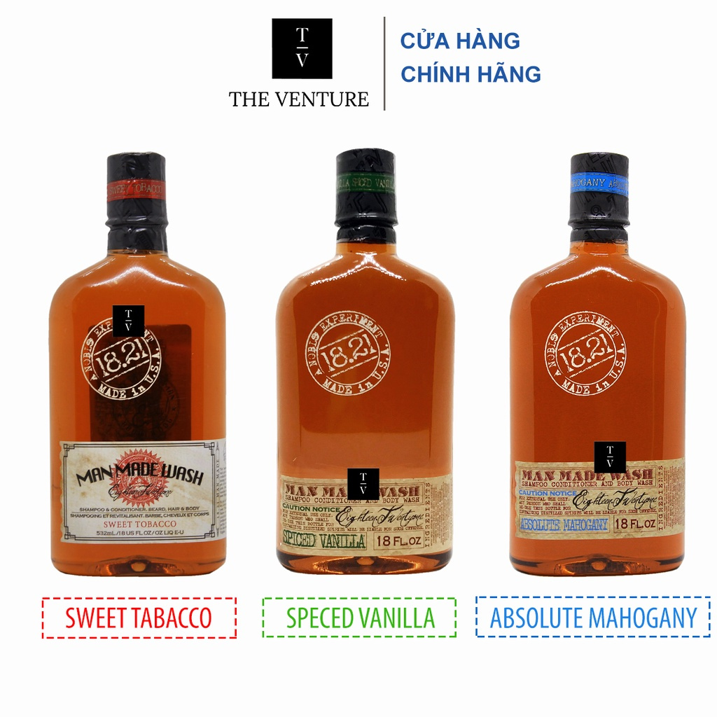 Dầu gội xả tắm 3 trong 1 18.21 Man Made Wash Sweet Tobacco , Spiced Vanilla , Absolute Mahogany , Noble Oud - 500ml