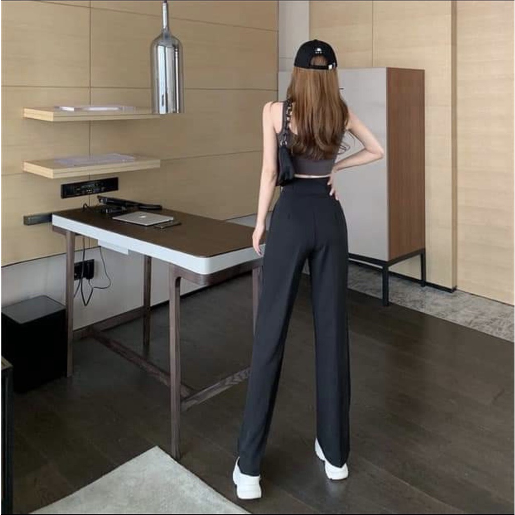 Quần ống suông nữ rộng lưng cao kiều Hàn Quốc, Quần ống rộng nữ cạp cao 2 khuy nữ đi học làm công sở vải tuyết mưa mềm