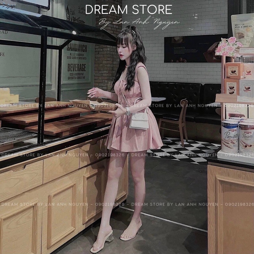 [8.8 Sales Freeship] Đầm 2 dây nhún ngực cột nơ, đầm tiểu thư dáng ngắn sexy nhún ôm eo, đầm midi xòe bánh bèo