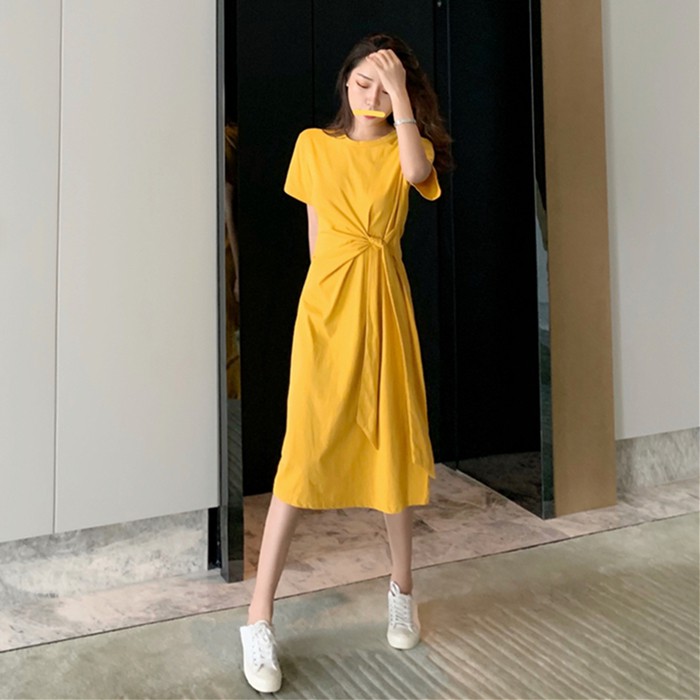 (ORDER) Váy thun cộc tay xòe dài eo thắt nơ dài thiết kế điệu đà năng động sang chảnh Hàn Quốc hè