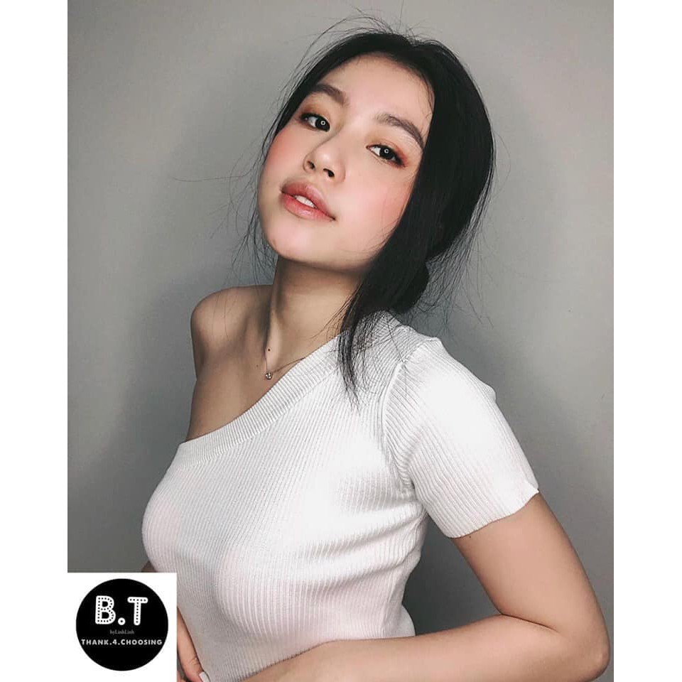 Áo Thun Tăm Lệch Vai Cộc Tay Nữ 🌸 Phông body dáng ôm màu Đen | Trắng ulzzang SIÊU HOT 🌸 | WebRaoVat - webraovat.net.vn