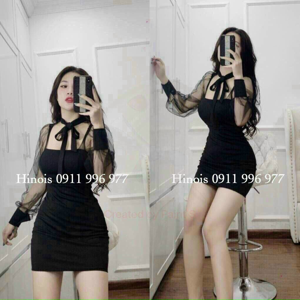 [ Miễn phi ship 2022 ] Đầm thun dáng ôm phối tay lưới cực xinh, đầm body cột nơ cổ sexy đi tiệc , dạo phố siêu sang