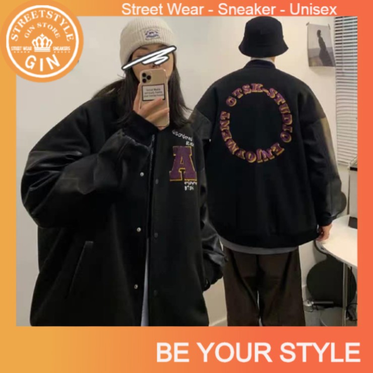 ÁO BOMBER KAKI TAY PHỐI DA CHỮ THÊU VÒNG TRÒN SAU FROM UNISEX NAM NỮ STYLE ULZZANG - GIN STORE