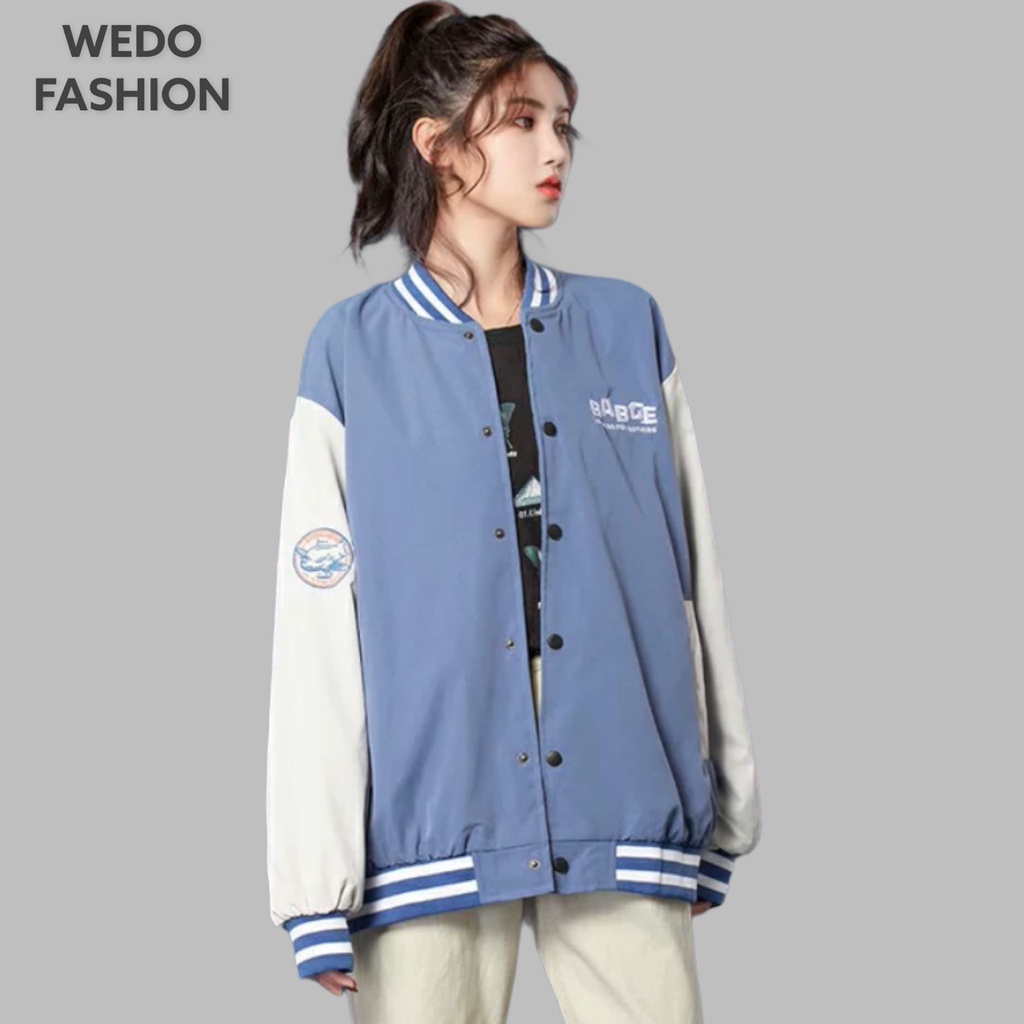 Áo khoác Bomber nữ BABGE, vải dù mero hai lớp cao cấp, logo thêu kèm nút bấm phối màu cá tính WEDO